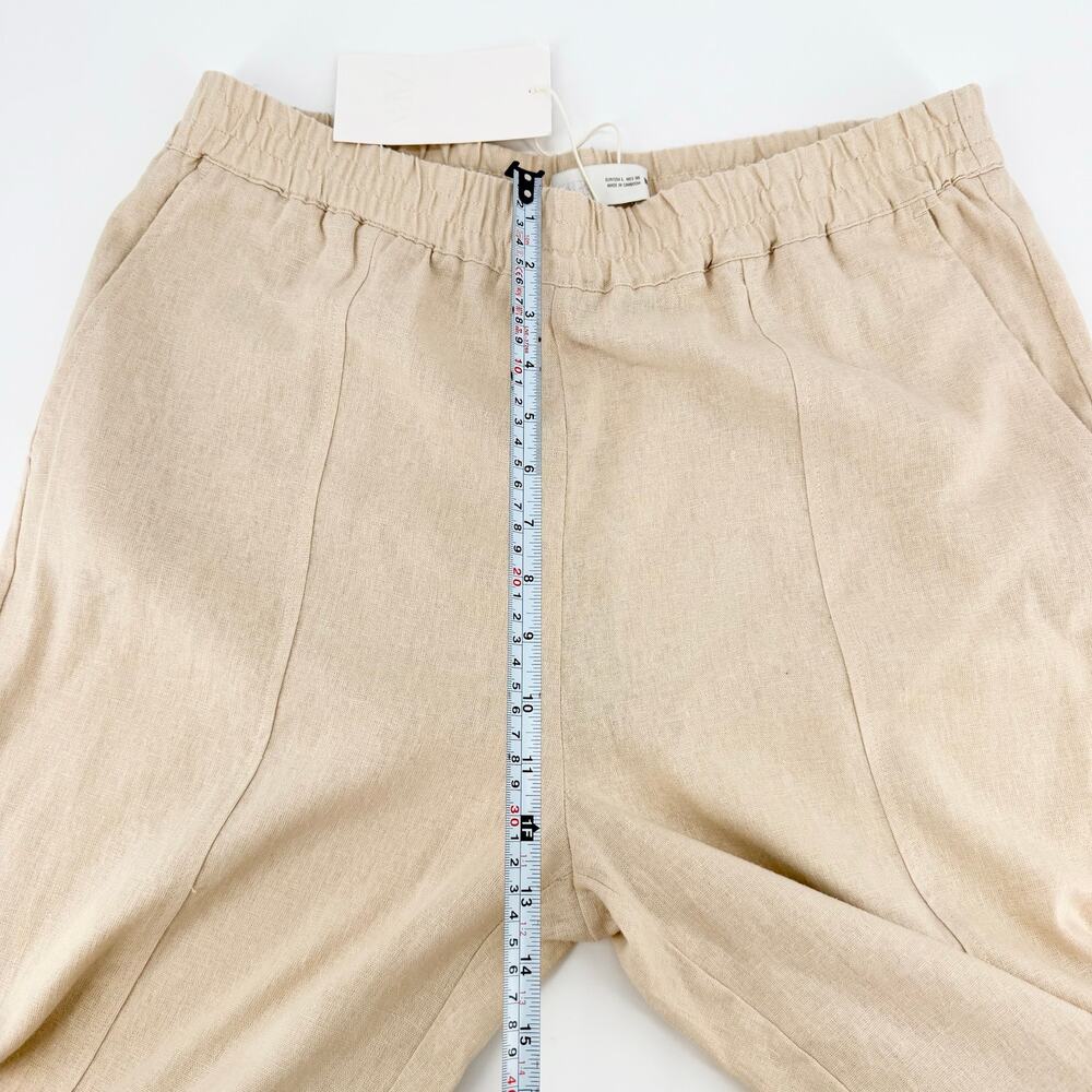 Zara Linen Blend Pull On Cropped Pants Oatmeal Beige Elastic Waist Large NWT - Picture 8 of 11